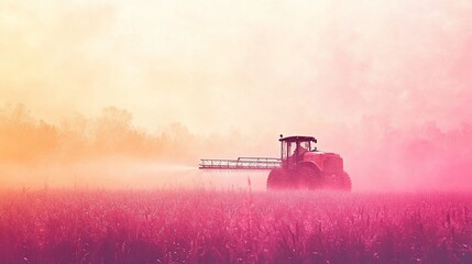 Naklejka premium Agricultural Machine Spraying Field in a Dreamy, Vaporwave Atmosphere