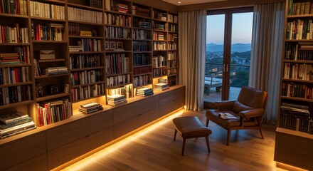 Luxury Home Library Interior with Bookshelves, Armchair and Balcony View