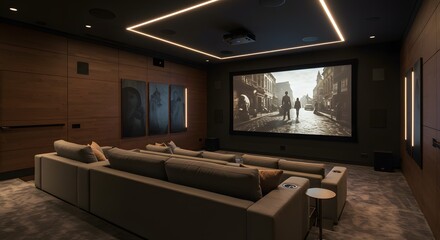 Luxury Home Theater Room with Large Screen and Comfortable Seating