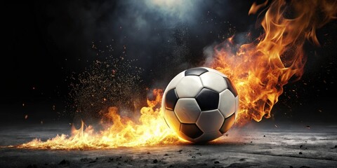 Fototapeta premium Fiery Soccer Ball Rolling Across Asphalt, Blazing Trail of Embers and Sparks