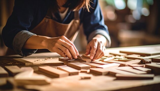 Woodworker working on wood pieces in a workshop
