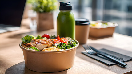 Healthy lunch bowl with grilled chicken and vegetables enjoying in office desk