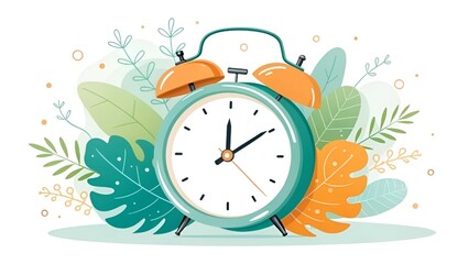 Colorful Alarm Clock with Botanical Background and Nature Illustration