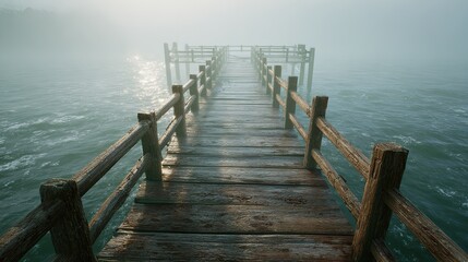 Fototapeta premium Old wooden pier stretching into a serene blue sea at twilight.