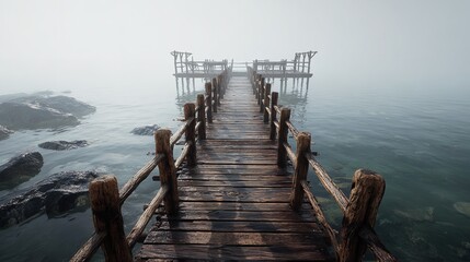 Fototapeta premium Old wooden pier stretching into a serene blue sea at twilight.