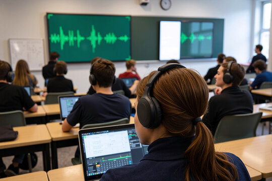 Students with headphones use laptops for a digital language or audio lesson in a modern classroom, focusing on a sound wave displayed on a large interactive screen