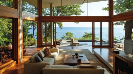 Expansive living space with floor-to-ceiling windows showcasing stunning ocean and treetop views; contemporary design with hardwood floors and comfortable seating