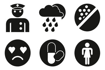Person rain cloud pills sad face with hearts and prohibition symbol silhouettes awesome icons