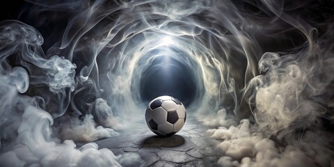 A lone soccer ball rests on a cracked surface, enveloped by swirling smoke within a dark, mysterious tunnel.