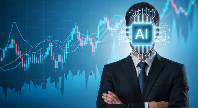 Businessman with AI chip face superimposed over financial stock market data charts representing technological advancement and global finance