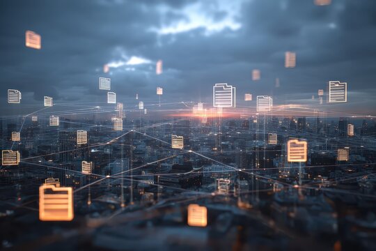 Digital data flows above city skyline. Documents move, conceptual, cloud-based