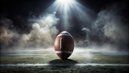 A solitary American football rests on a dimly lit field, enveloped in a mystical fog, under a single spotlight.