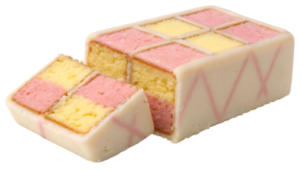 Classic battenberg cake with a slice cut showing the iconic pink and yellow checkerboard pattern inside