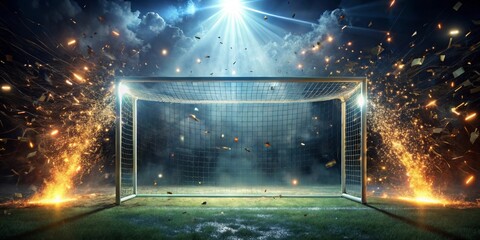 Triumphant Victory Goal Celebration with Sparkling Fireworks and Confetti on a Night Field