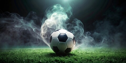 A lone soccer ball rests on a verdant field, shrouded in an ethereal fog, a mysterious and captivating scene.