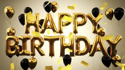 Elegant 3D Happy Birthday Text Formed by Shiny Gold Balloons with Confetti on Luxury Black Background video - Powered by Adobe