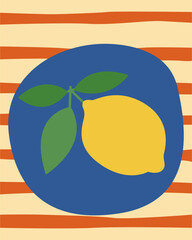 Fresh Lemon Fruit. Lime Citrus in Amalfi Style Graphic Illustration. Positive, Vibrant and Happy Outline Art. Mediterranean Summer Travel and Resort Rest Theme. Retro Vintage Poster Background Print