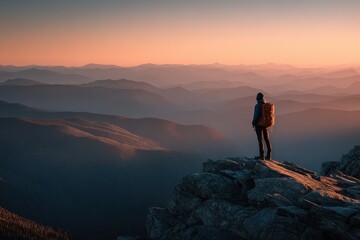 Fototapeta premium Hiker atop mountain watches sunrise over layered mountains. Adventure concept