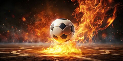 Fiery Soccer Ball Soaring Above a Blazing Field, a Dramatic Image of Intense Competition and Unwavering Passion