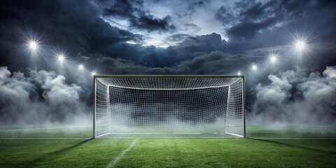 Empty soccer goal under dramatic night sky with stadium lights and fog