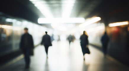 Blurred figures of people hurrying through a subway station, creating a sense of motion and the hustle and bustle of city life
