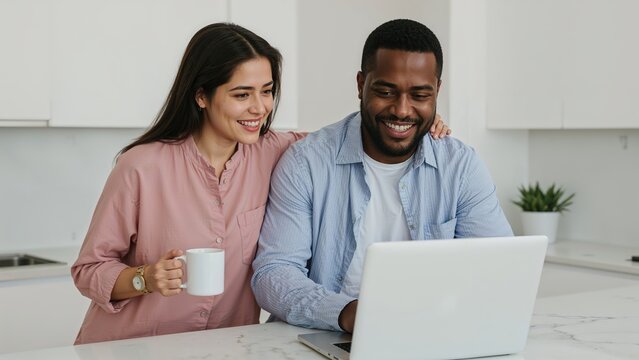 Happy diverse couple smiling while working on a laptop at home, drinking coffee.