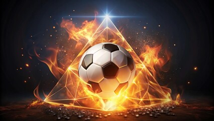 Fiery Soccer Ball Encased in a Luminous Pyramid, a Symbol of Triumph and Intense Competition