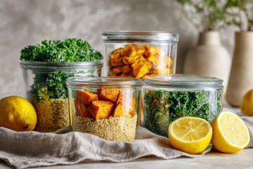 organized meal prep jars with kale roasted sweet potatoes quinoa and lemons on beige cloth, concept of clean eating and plant-based superfoods for wellness blogs, nutrition guides, cooking brands