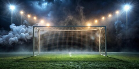 Nighttime Soccer Goal Illuminated by Stadium Lights and Enveloped in Misty Atmosphere