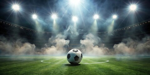 A solitary soccer ball rests on a verdant field, bathed in the ethereal glow of stadium lights and a mystical fog