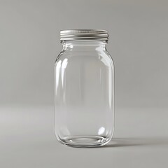 A single, empty, transparent glass jar isolated on a white background