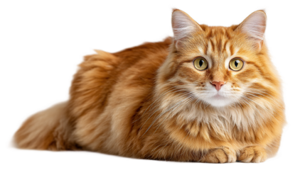 Portrait of a ginger cat: fluffy feline, domestic animal, cute pet, orange tabby, cat breeds isolated on transparent background.