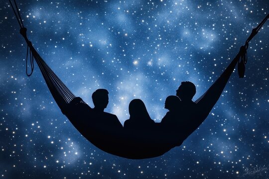 Friends relaxing together in a hammock under a starry sky at night