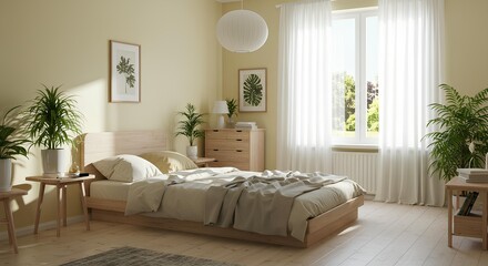 A serene bedroom interior showcasing natural light and calming decor.
