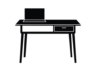 Black and White Icon of a Desk with Laptop and Drawer for Design Projects