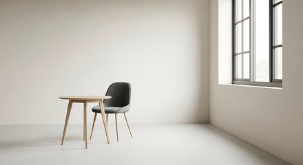 Minimalist interior with chair and table near a large window