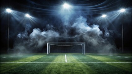 Nighttime Football Field Dramatic Goal Scene with Atmospheric Haze and Bright Stadium Lights