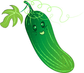 Happy Vegetable Cartoon Character. Colorful Cucumber, Emoji Style Art with Goofy Smileю. Cute cartoon cucumber, character with smiling face, large eyes, and green stem on white background