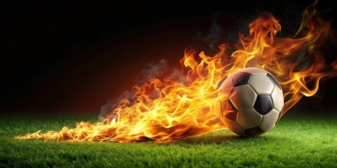 Fiery Soccer Ball Racing Across Lush Green Field, a Dramatic Image of Intense Competition and Unbridled Passion