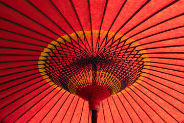 A Japanese red umbrella with yellow and blue accents © WendlerCanning Photo