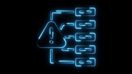 Neon blue digital warning sign with exclamation mark connected to data blocks representing system error cybersecurity - Powered by Adobe