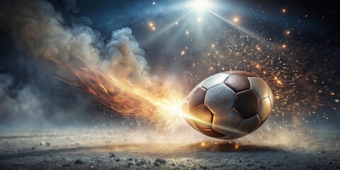 Fiery Soccer Ball Exploding with Intense Energy and Dramatic Light Effects on a Dusty Playing Field