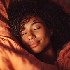 A serene woman sleeping peacefully, bathed in soft, warm light