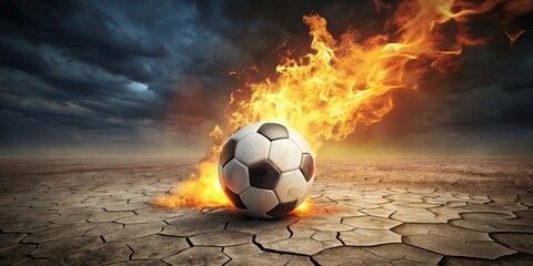 Fiery Soccer Ball on a Cracked, Dry Earth Under a Dramatic Sky