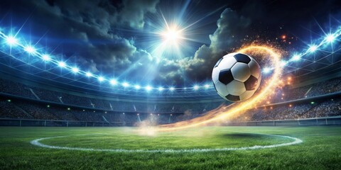 A soccer ball in dynamic motion, a trail of light and energy, soaring above a packed stadium under brilliant stadium lights at night