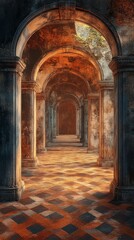 Ancient Arched Hallway with Columns and Patterned Floor