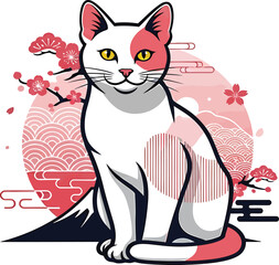 vector, illustration, cat, sakura, pink