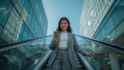Busy young woman looking at phone on an escalator in a modern urban building.