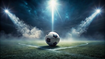 A solitary soccer ball rests at center field, illuminated by dramatic stadium spotlights under a stormy night sky