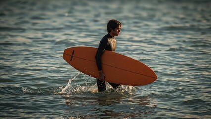 Young man in wetsuit walking with a surfboard out of the ocean.